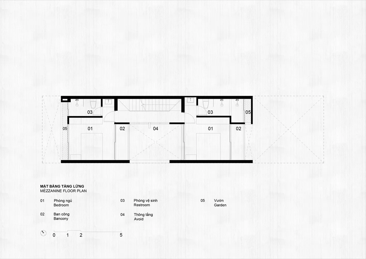 Detailed 2D architectural drawing of a floor plan for a mezzanine level