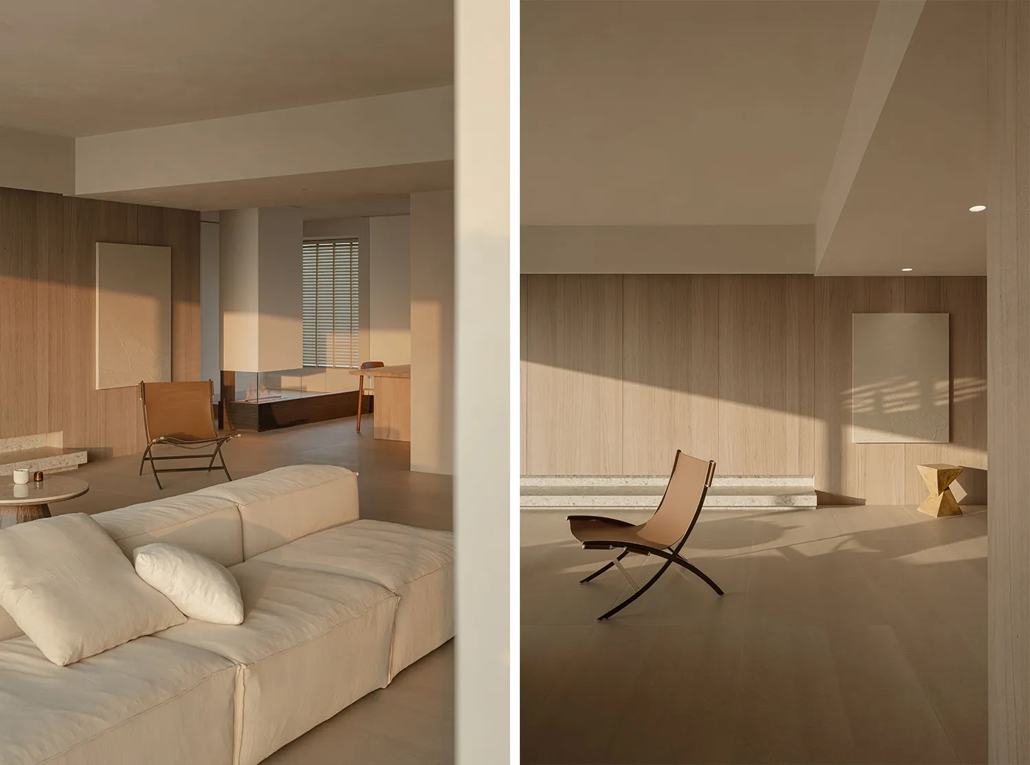 Contemporary interior design featuring wooden walls, a beige sectional sofa, and minimalist furnishings.