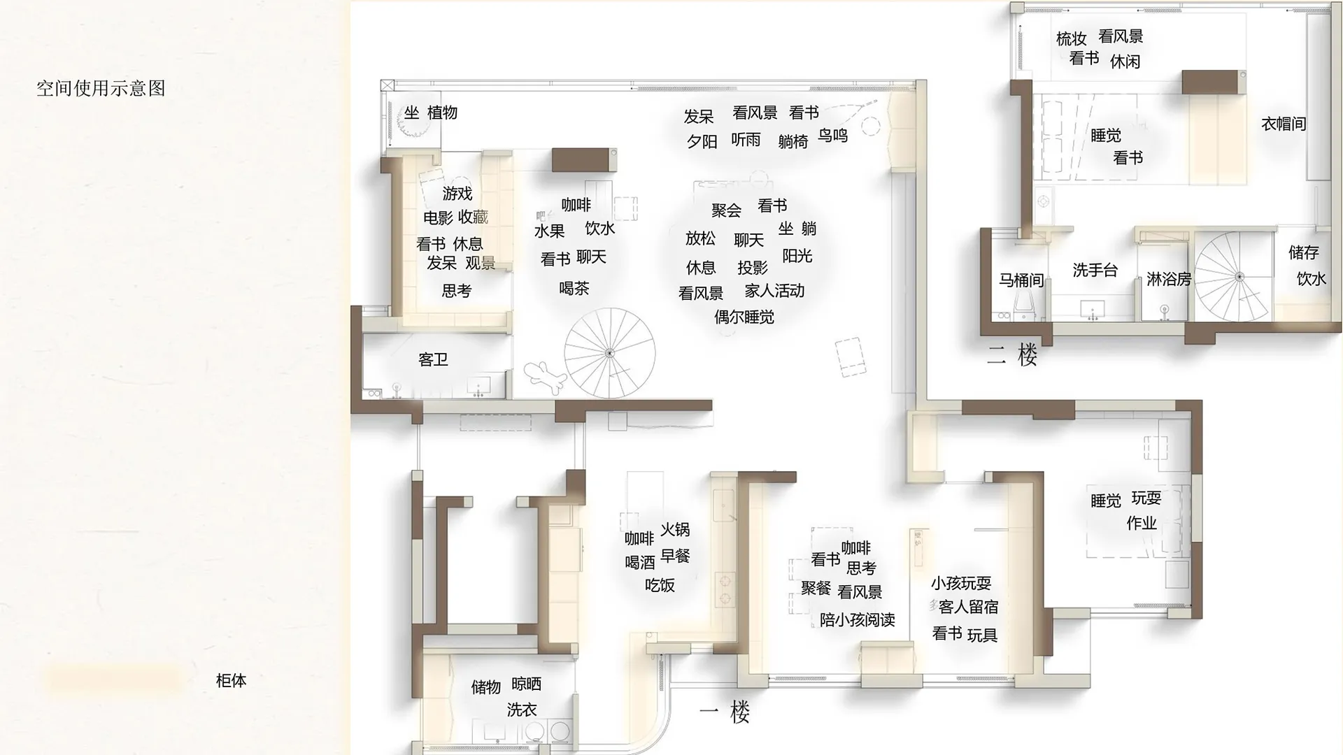 Floor plan of a modern loft space with various designated areas including a living room, kitchen, dining area, and bedroom.