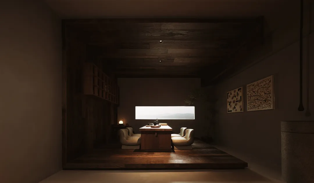 A minimalist tea room with wooden furniture and a small window overlooking a serene landscape.