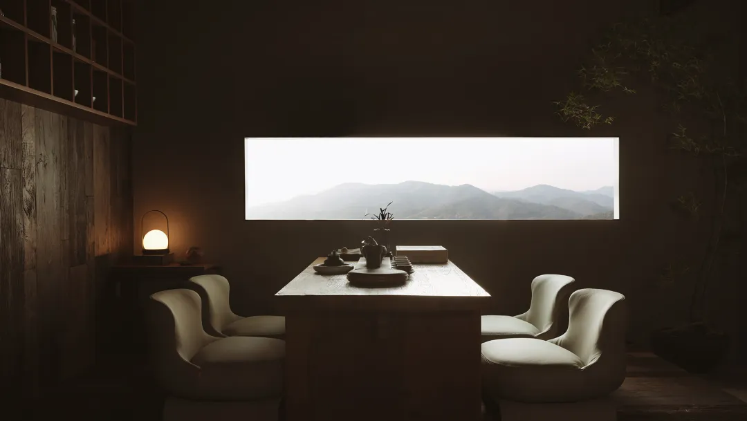 A minimalist wooden living room with walls, a plant, and a window overlooking mountains.