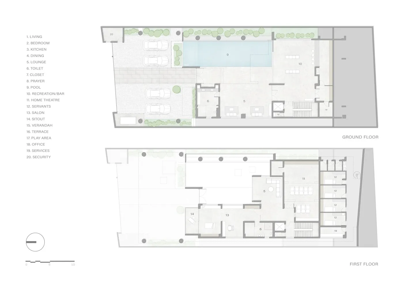 Ground and first floor layout of a modern residential building with labeled rooms and spaces.