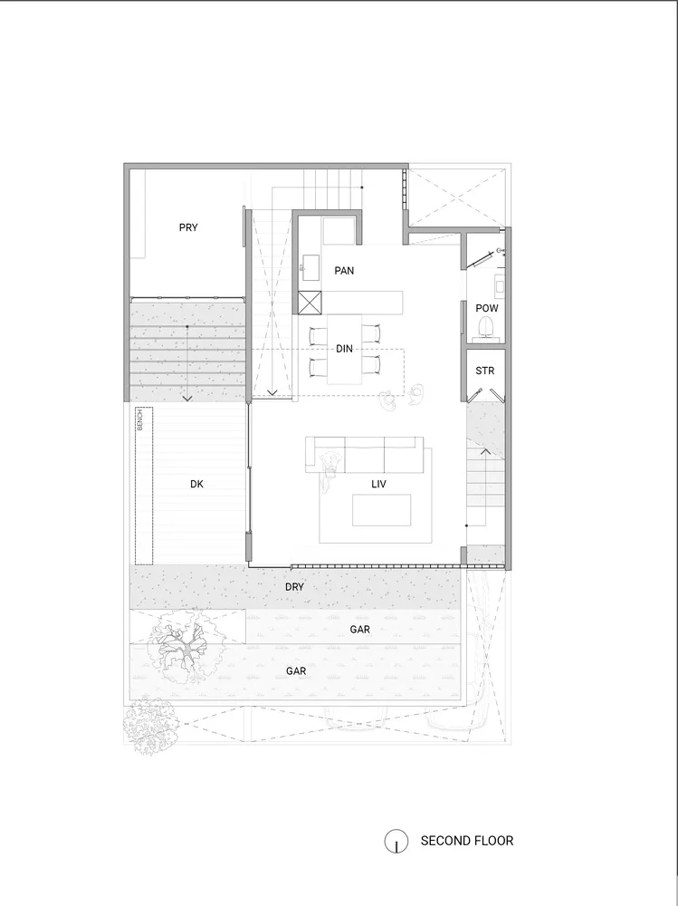 A detailed 2D architectural drawing of a modern second-floor layout showing various rooms and their connections.