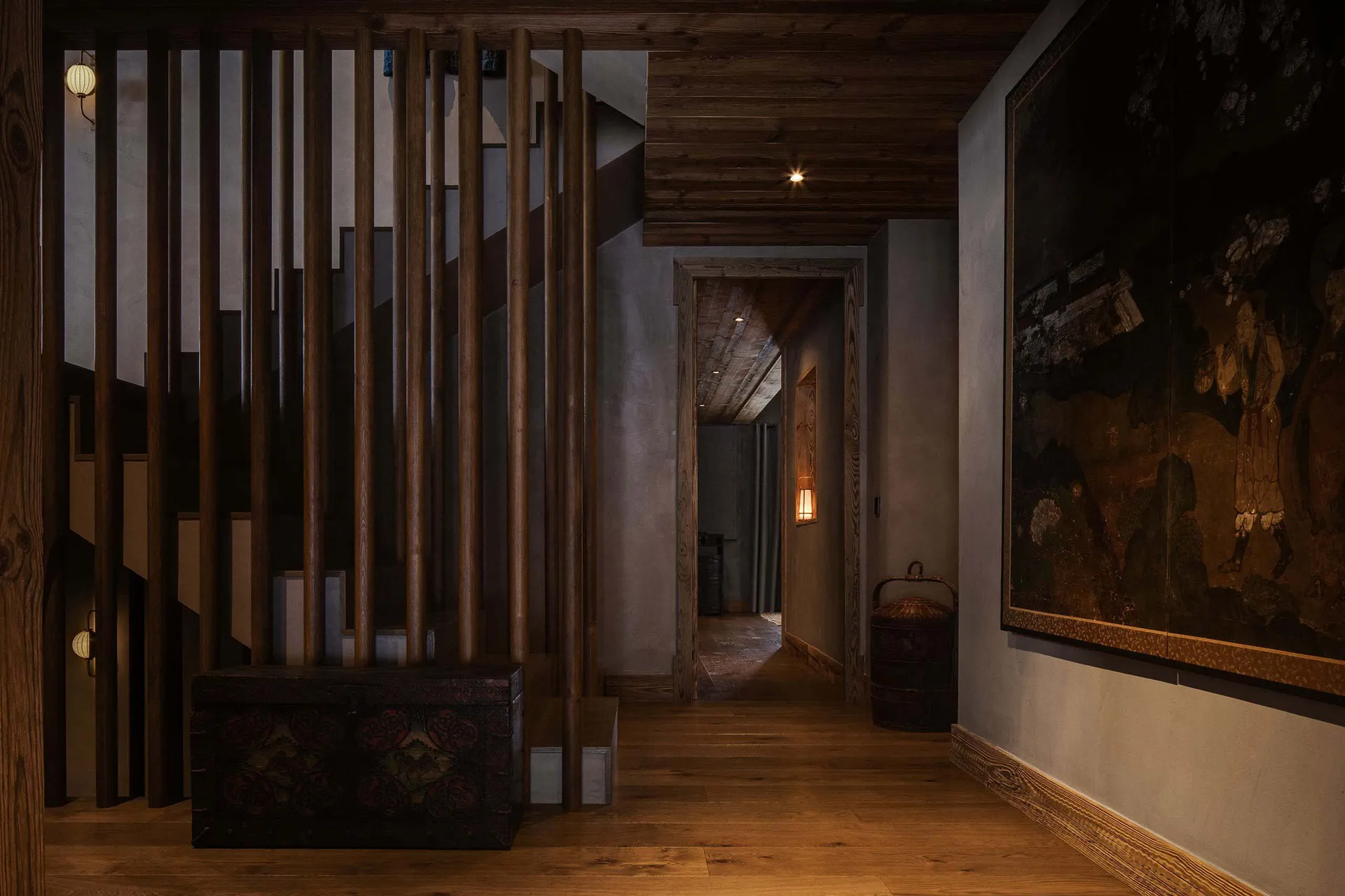 A corridor featuring wooden slats and antique decorative elements, with soft lighting and a rustic atmosphere.