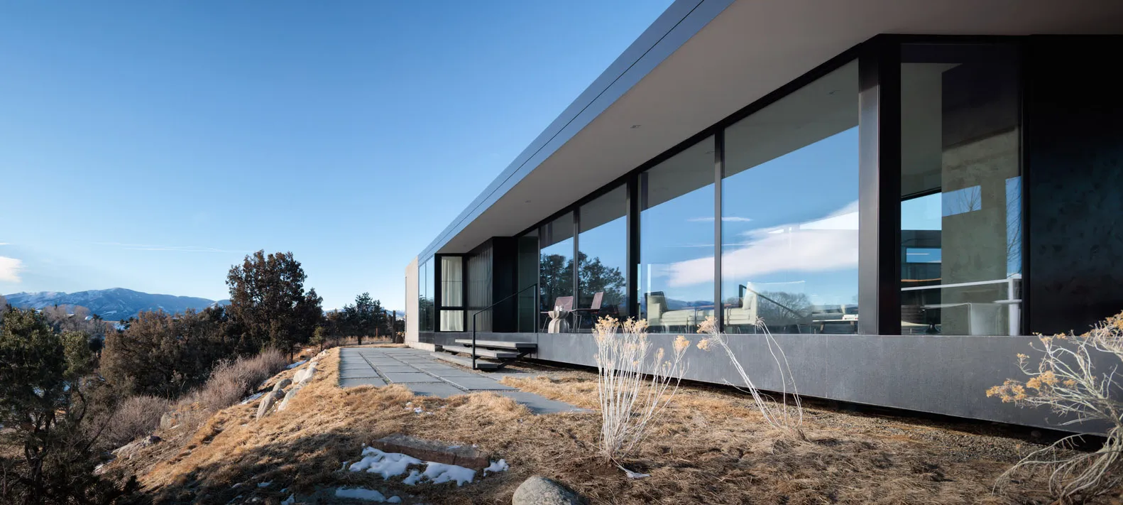 Modern house featuring large glass walls and concrete exterior.