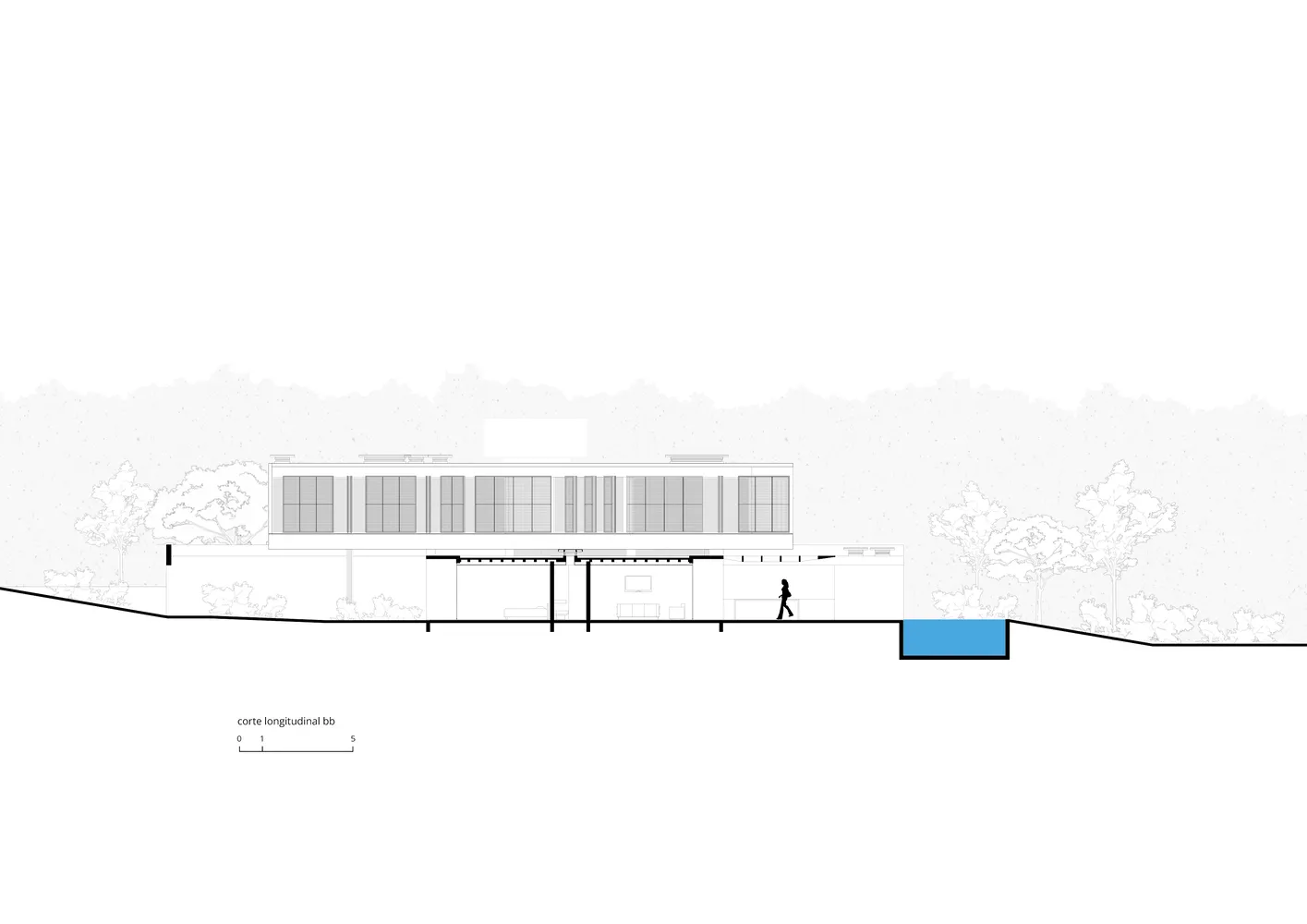 A modern house plan featuring concrete and glass materials, demonstrating contemporary architectural design.