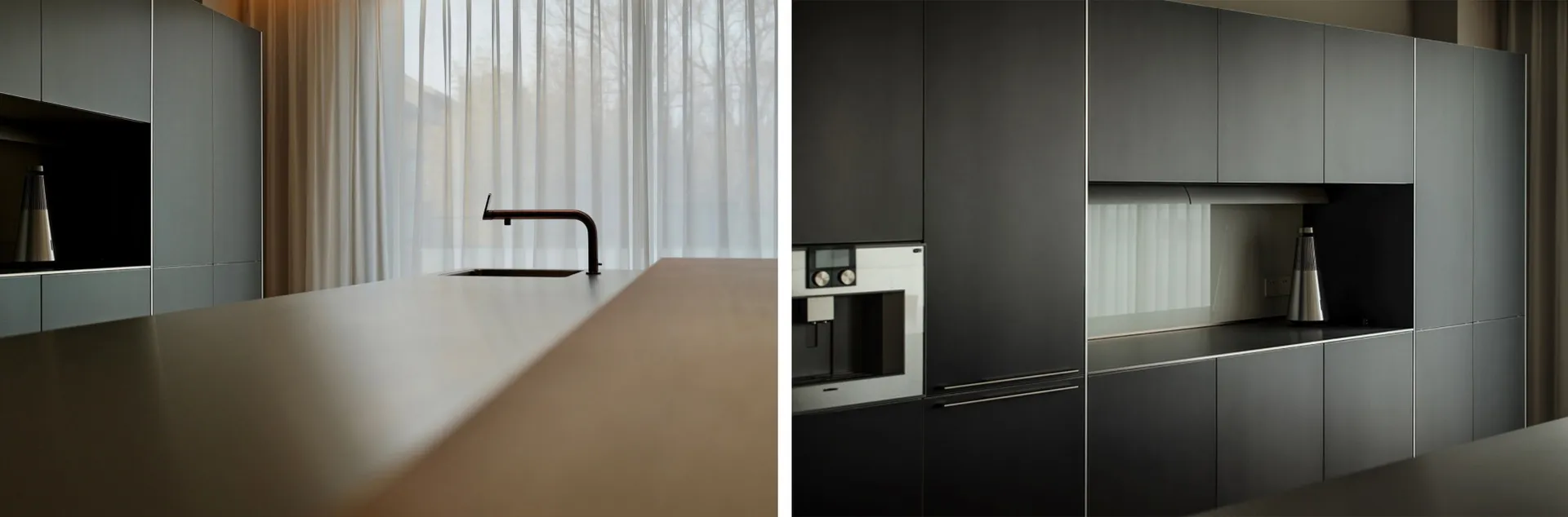 Modern minimalist kitchen with metallic cabinets and sleek design.