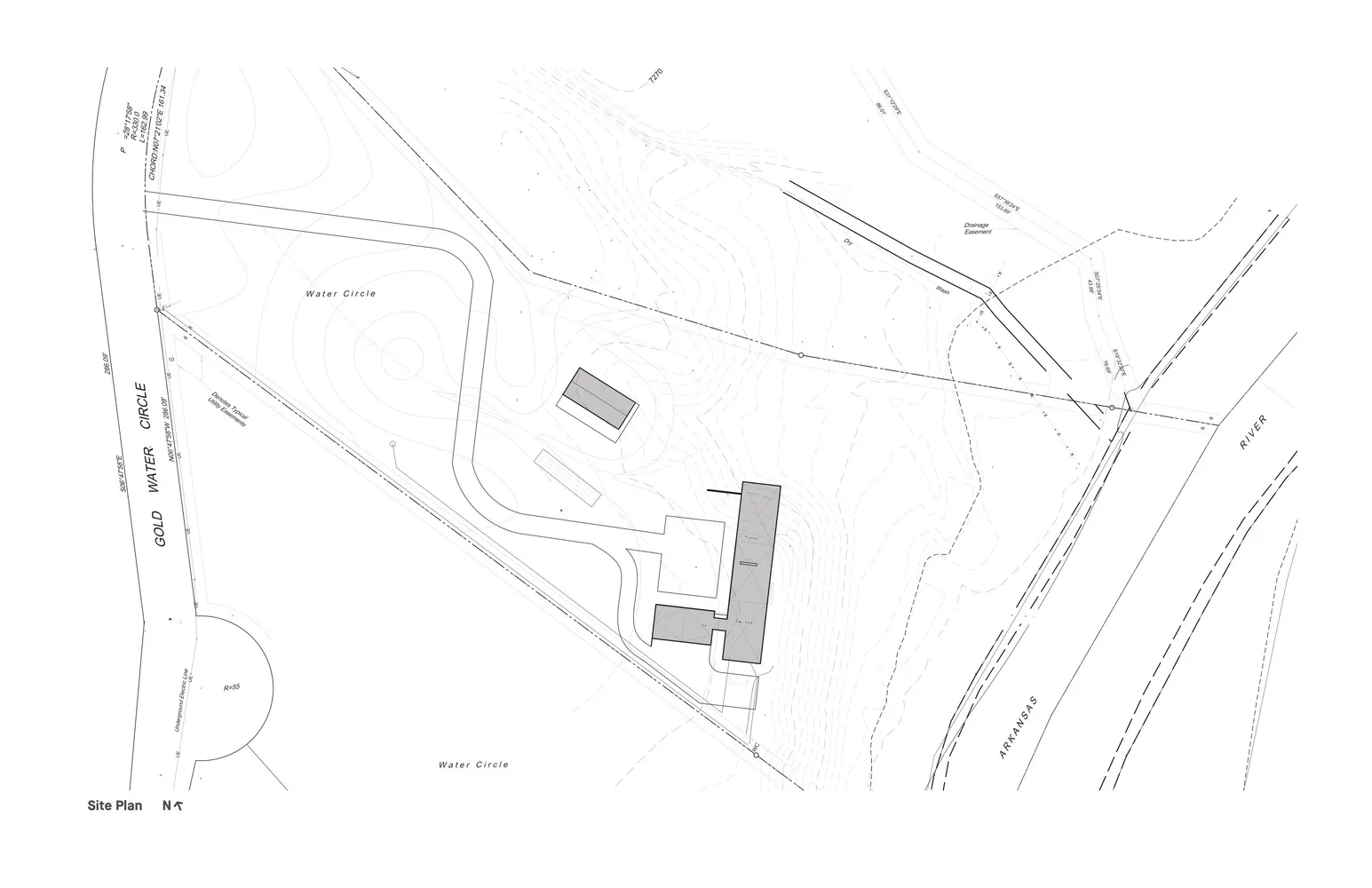 Black and white architectural drawing of the Water Circle site plan.