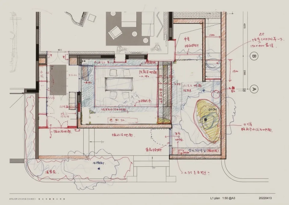 現代辦公室室內的詳細建築藍圖