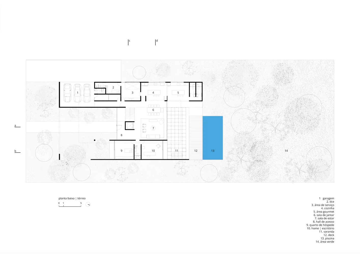 Floor plan of a modern residential building with various rooms and outdoor features.