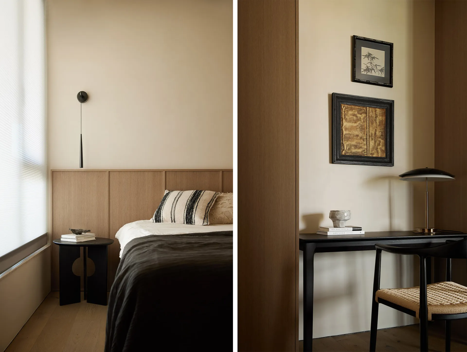 A modern minimalist bedroom featuring natural wood elements, with a bed and nightstand by a window with blinds.