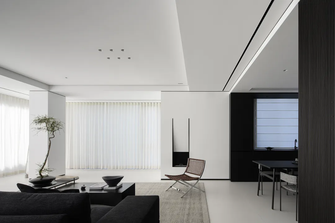 Minimalist living room with white curtains, black furniture, and a small tree.