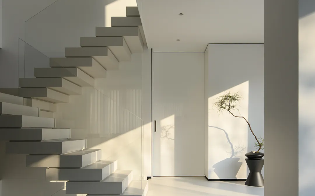 White minimalist interior with glass staircase and door.