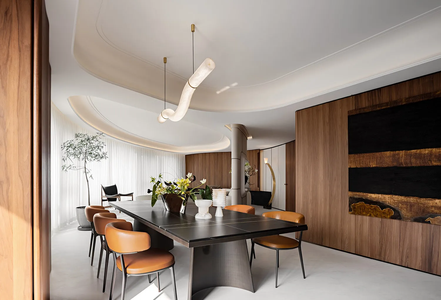 Modern industrial dining room with wooden accents and minimalist design.