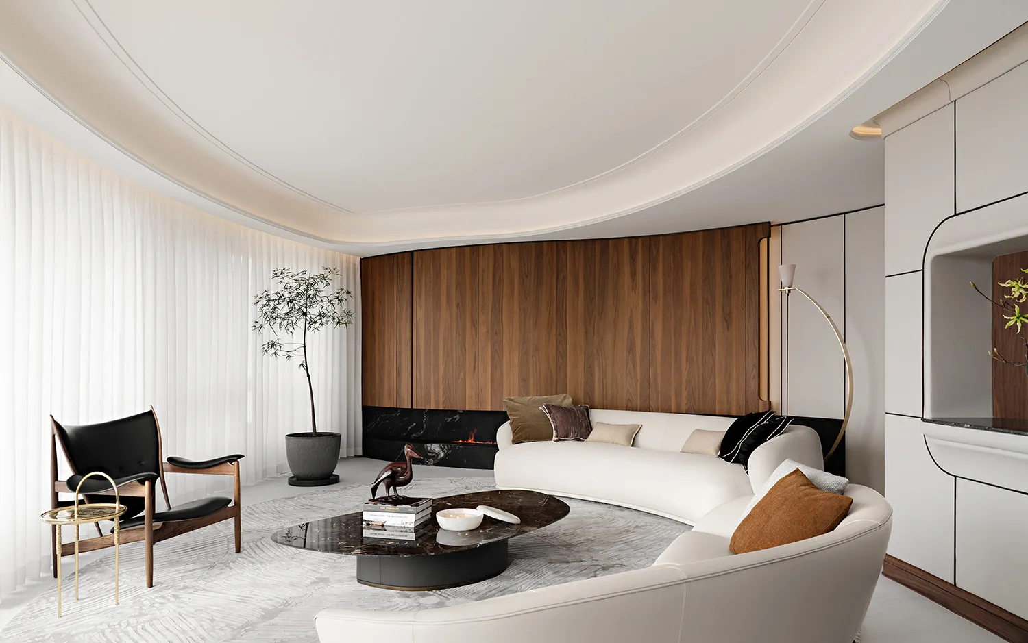 Modern interior design featuring a living room with white leather couches, a wooden wall, and a marble coffee table.