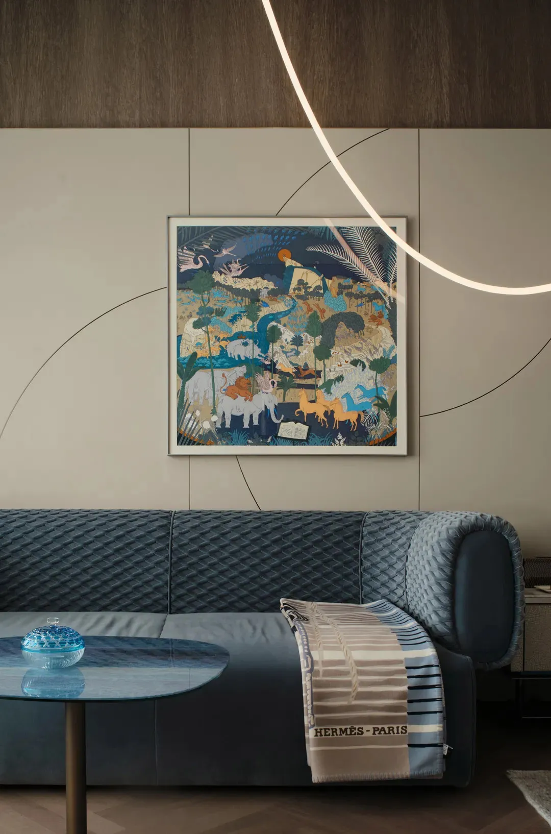 A modern living room featuring a blue sofa, vinyl rug, and abstract painting.