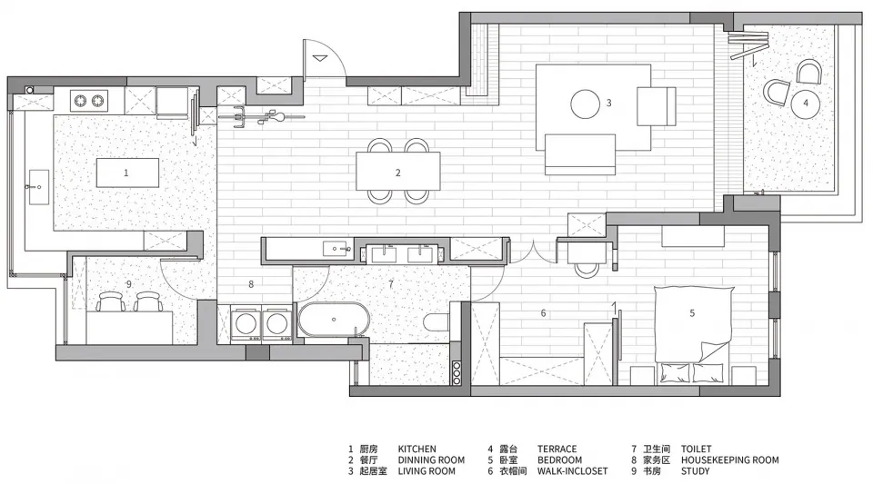 A modern living space floor plan featuring a contemporary design with concrete flooring.