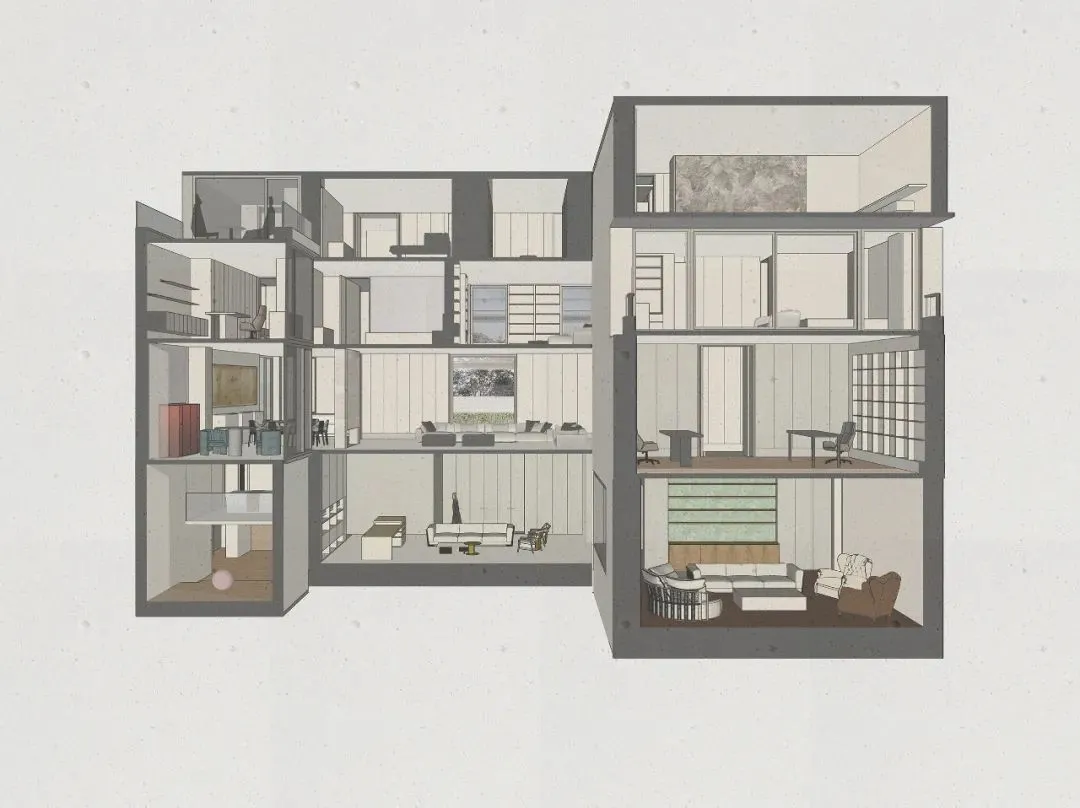 A modern living room with a minimalist design featuring sleek furniture and a neutral color palette.
