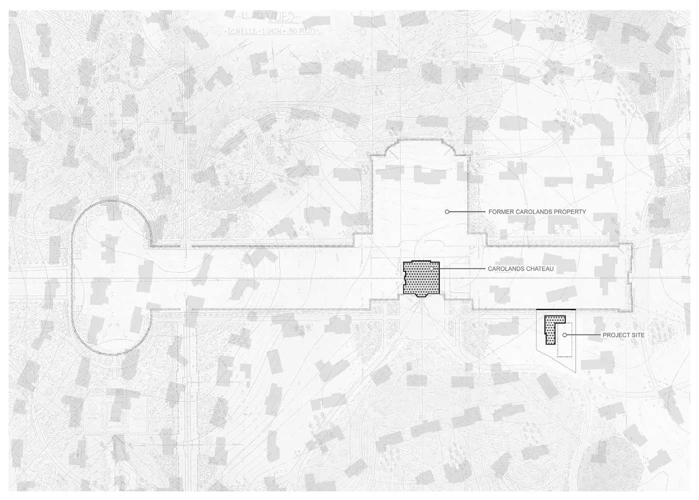 一張黑白建築圖,描繪專案基地的配置,包含前Carolands地產、Caro