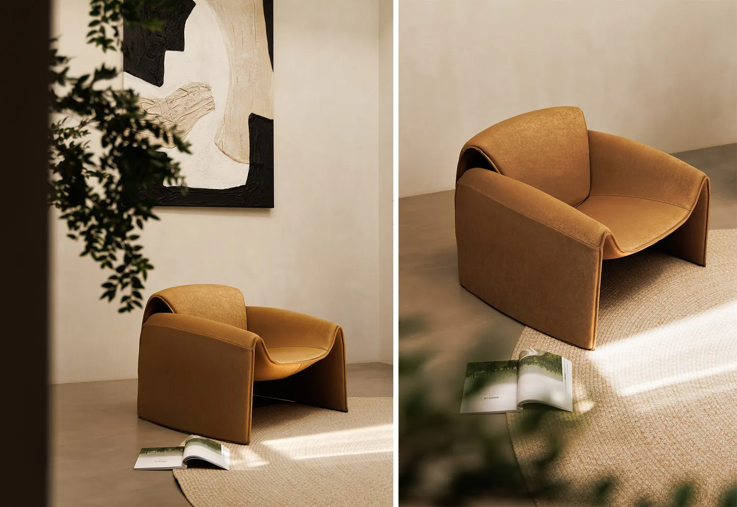 Modern living room with a cushioned chair, books, and a plant.