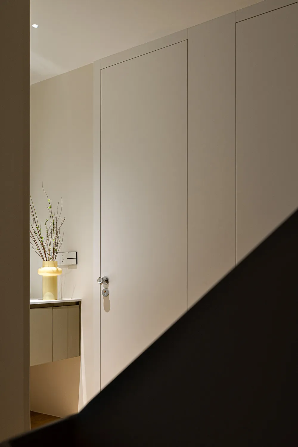 Modern interior with minimalist design, featuring a white paneled wall with a closed door.