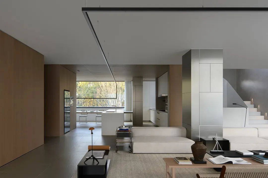 Modern, spacious living room with open concept layout.