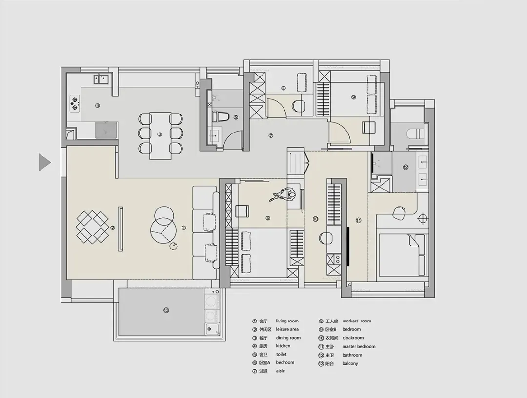 Floor plan of a modern apartment with grey tones and neutral-colored walls and furniture.