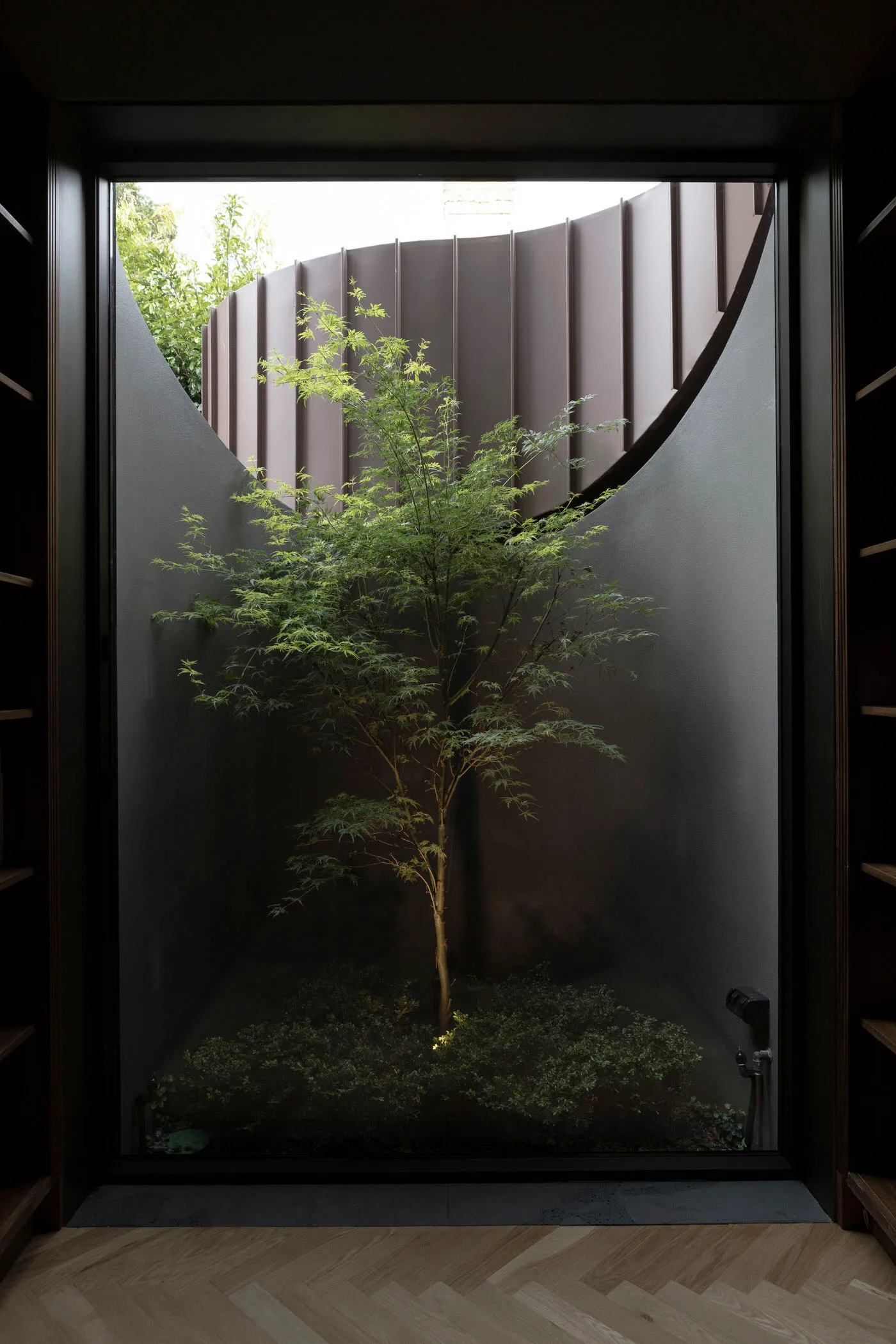 以深色弧形牆面框住玻璃窗的現代室內設計,展現優美風格。