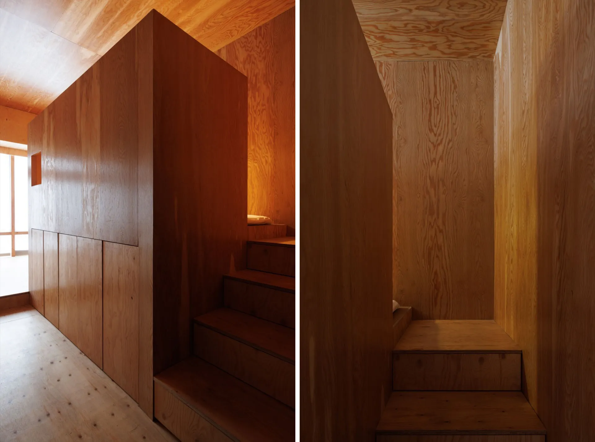 Modern wooden staircase with wooden walls and ceiling.
