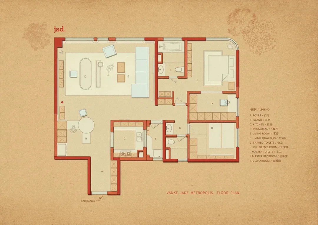 Floor plan of a modern residential interior designed with wood material.