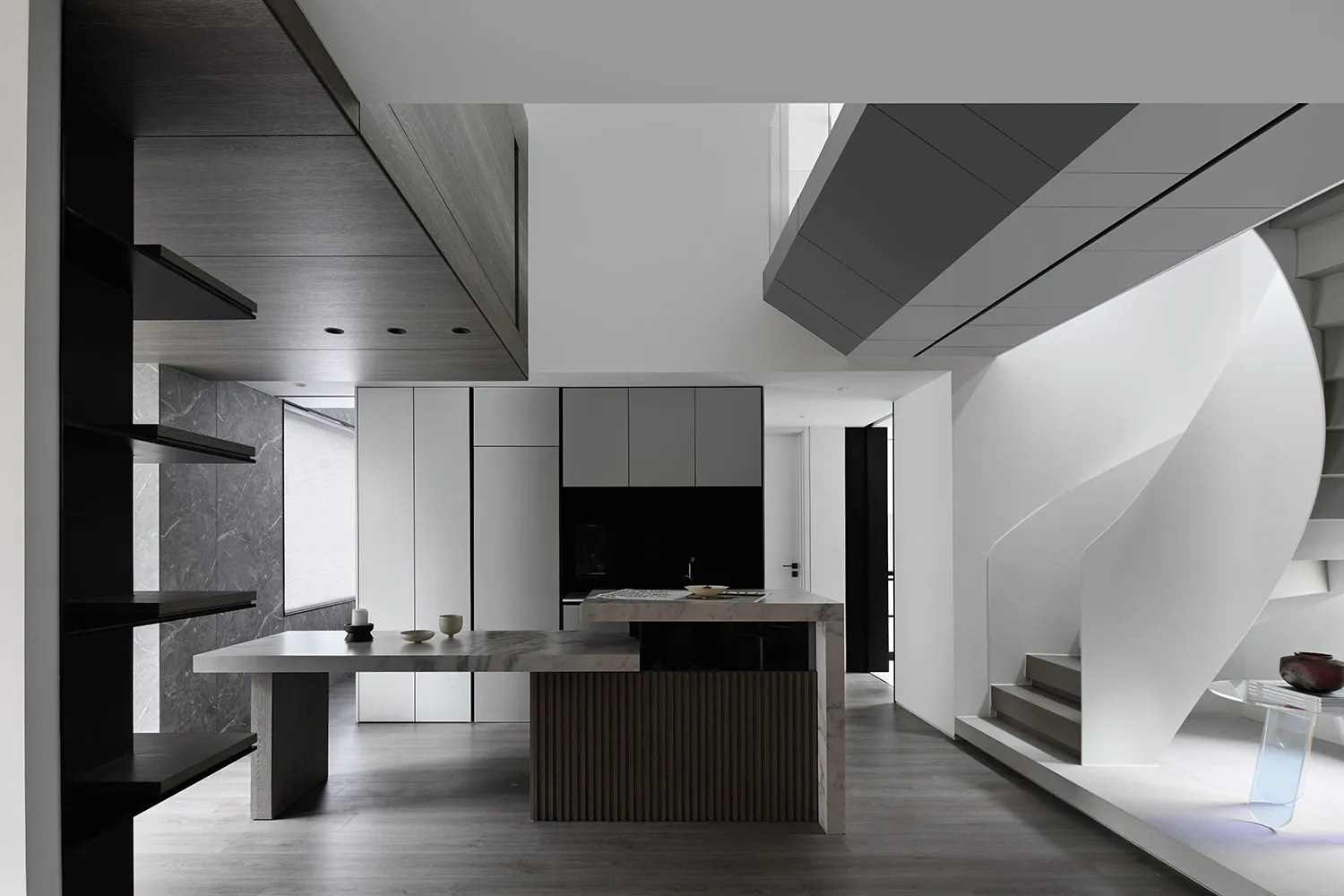 Modern kitchen with white minimalist design and integrated appliances
