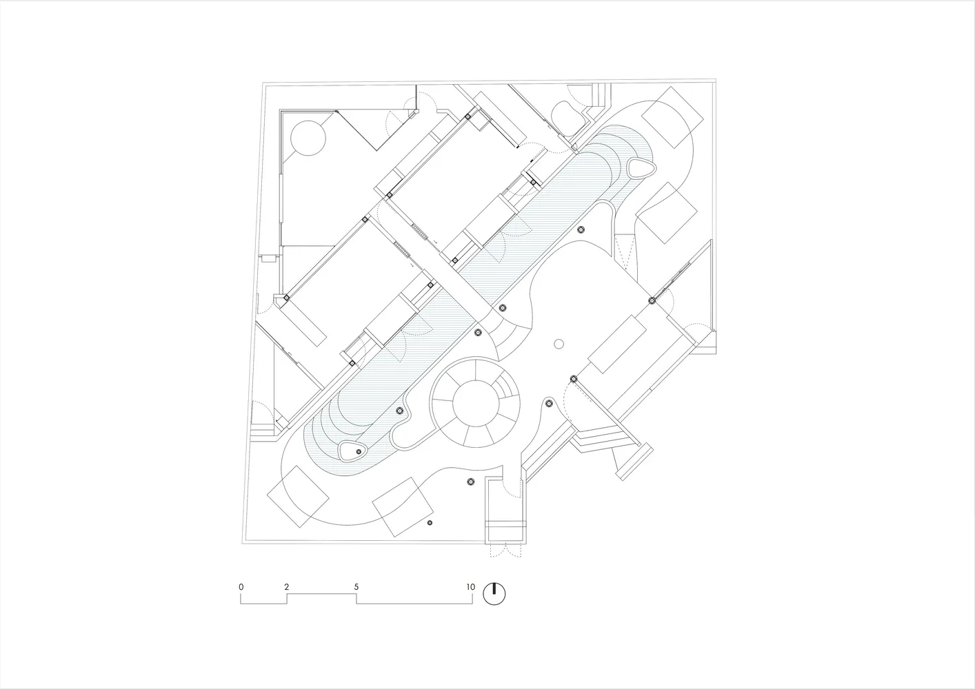 Modern home furniture layout plan with various sections and room configurations.