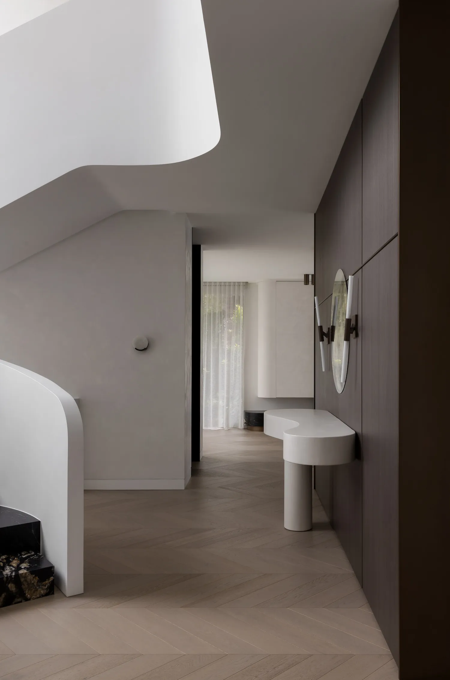 Minimalist bathroom interior with wood tiles and concrete