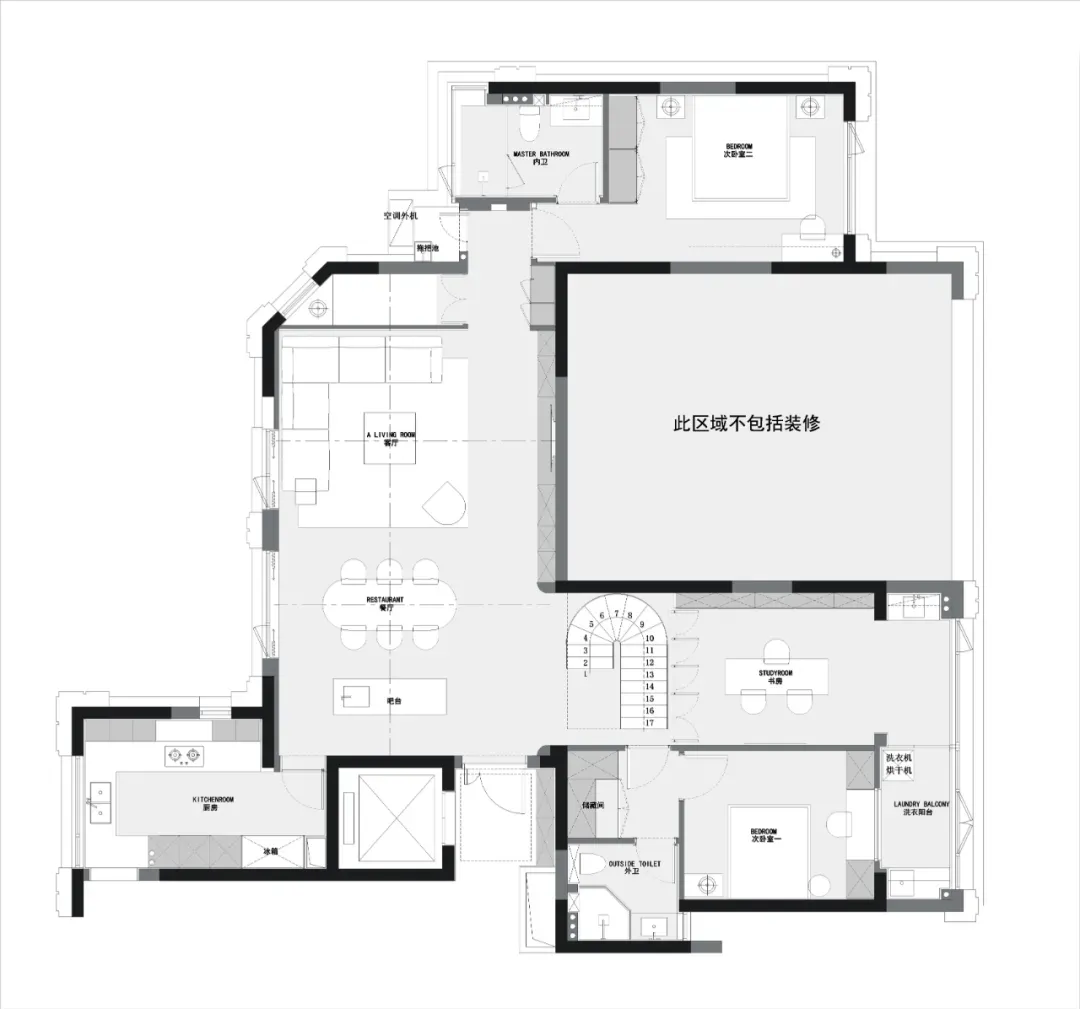 Floor plan of a modern residential building with multiple rooms and amenities.