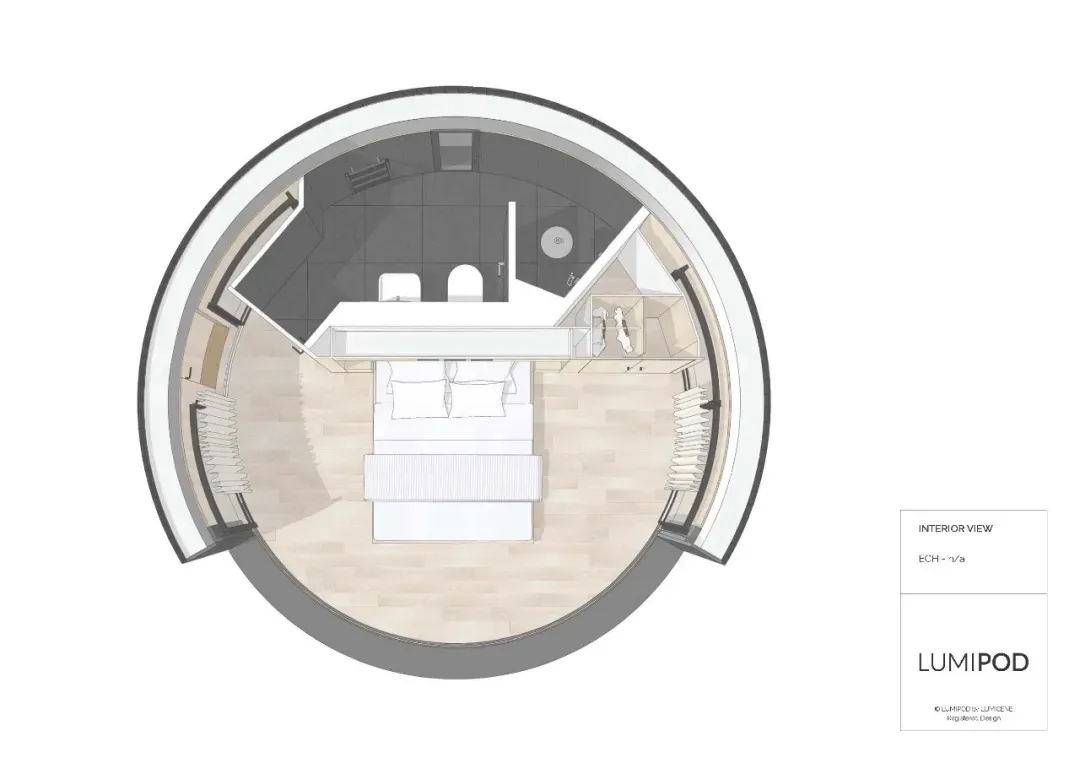 Minimalist bedroom with white floor, white bedding, and wooden accents.
