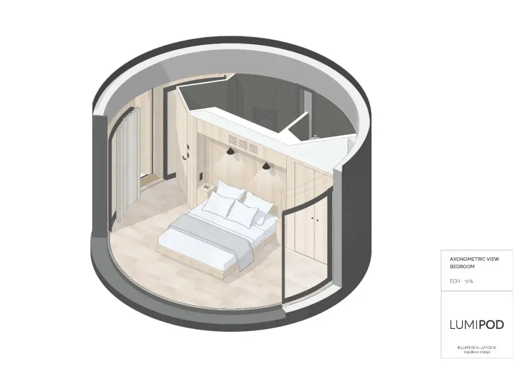 Cross-sectional view of a modern bedroom with wooden interior