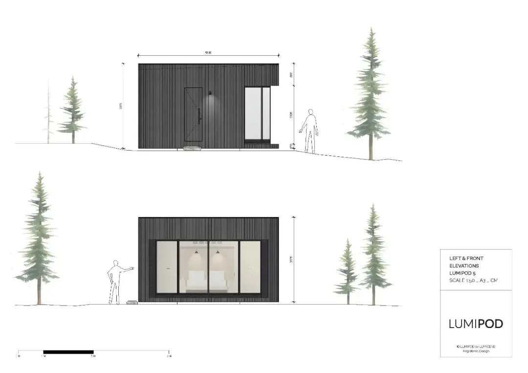 A rendered image of a modern tiny house with a black exterior and large windows, surrounded by fir trees.