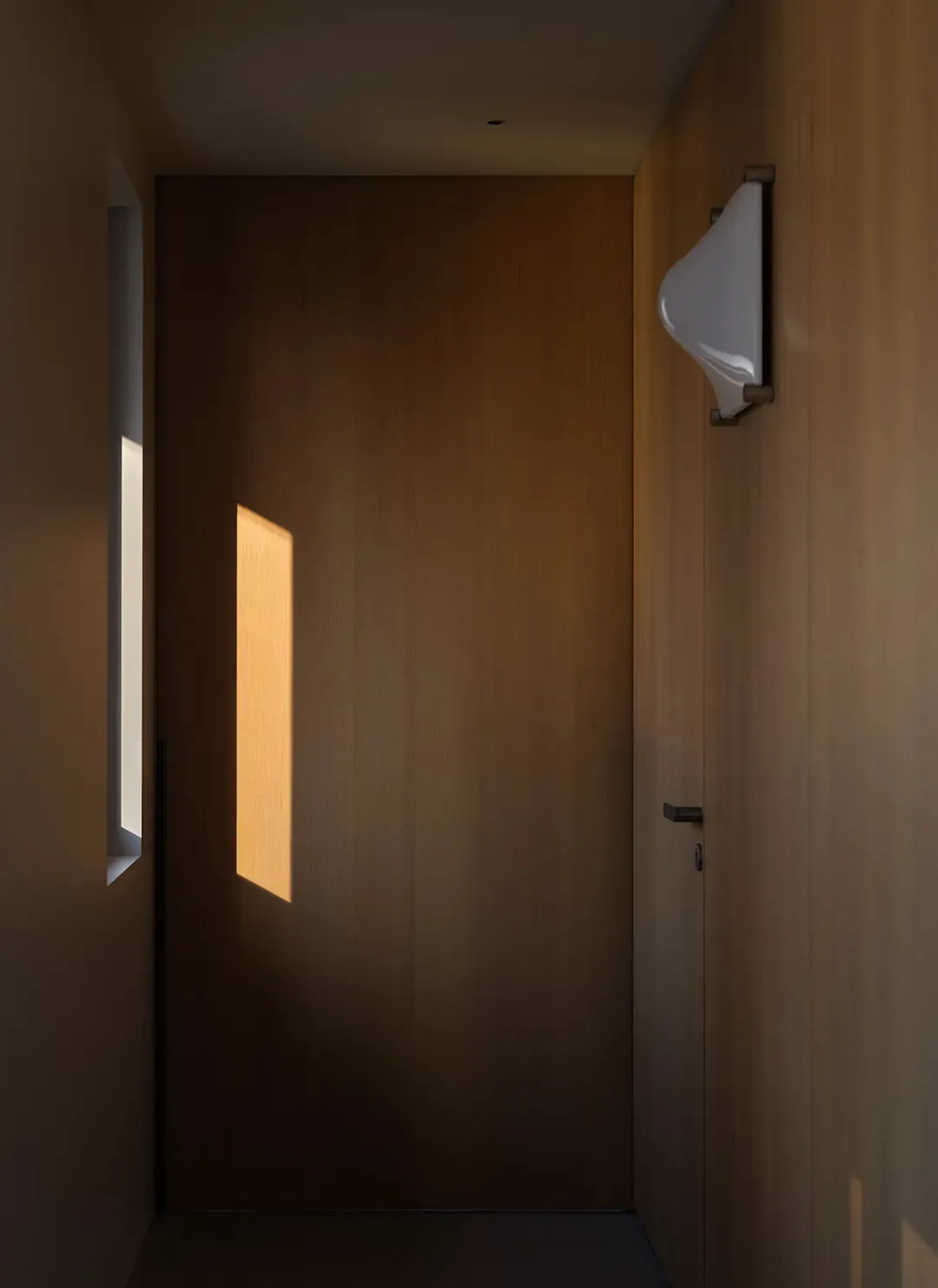 Minimalist door with wooden walls and lighting fixture
