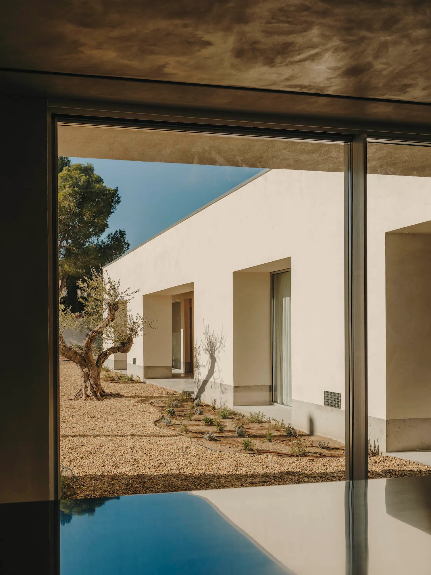 A modern house featuring white concrete walls and large glass windows.