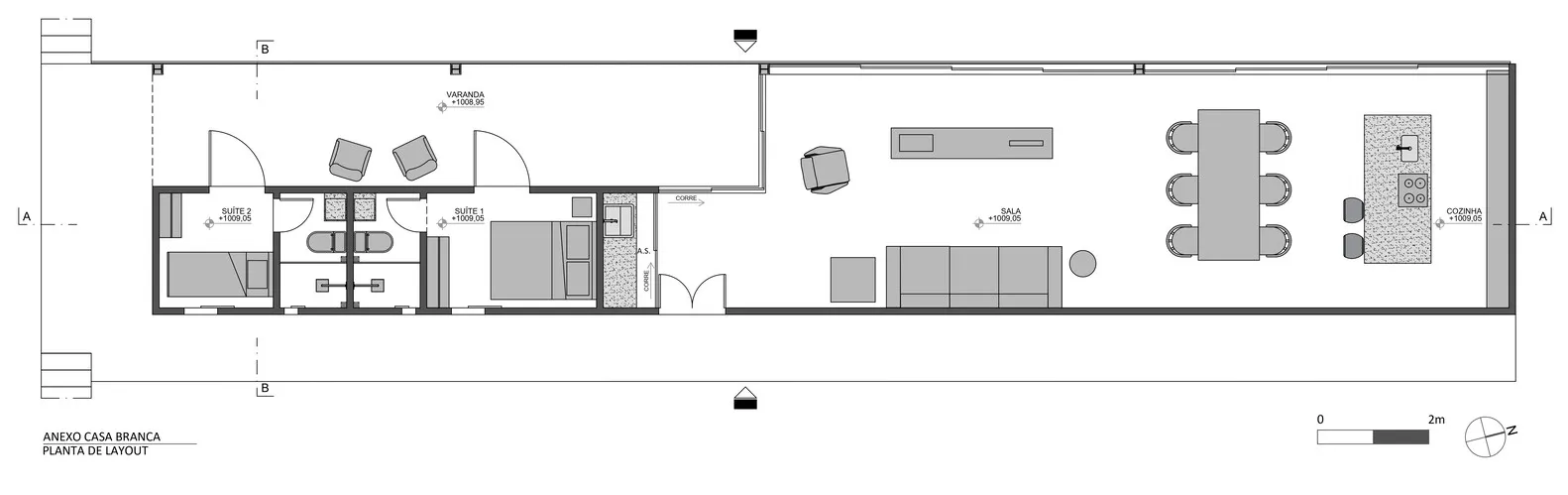 Floor plan of a modern residential space with a living room, kitchen, and bedrooms.