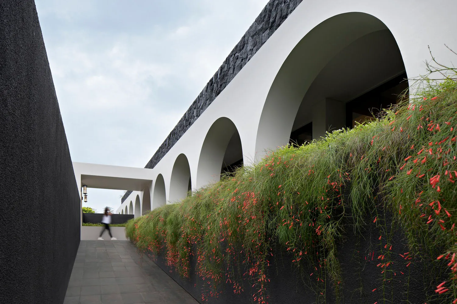 現代建築設計,混凝土結構搭配綠意覆蓋的牆面與花園。