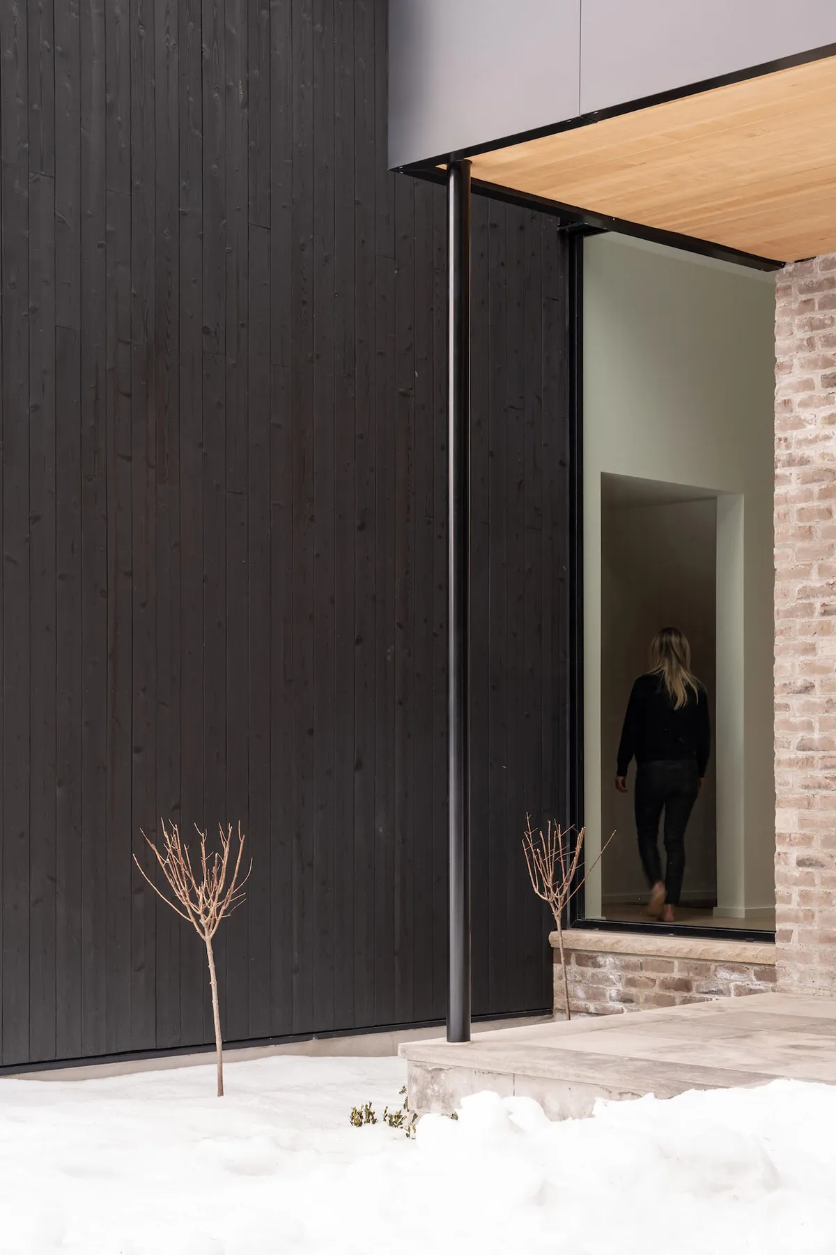 A modern building exterior featuring black wooden panels and concrete steps.
