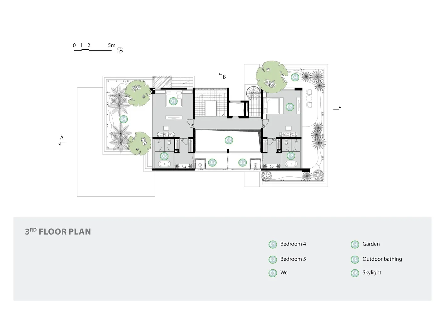 3rd floor plan of a residential interior with bedroom 4, bedroom 5, bathroom, and skylight.
