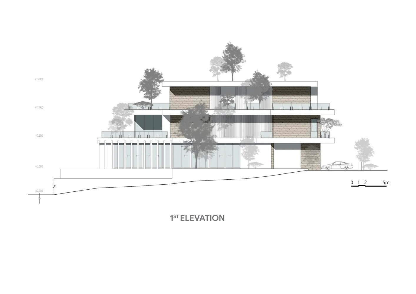 Modern building elevation with stone walls and glass panels