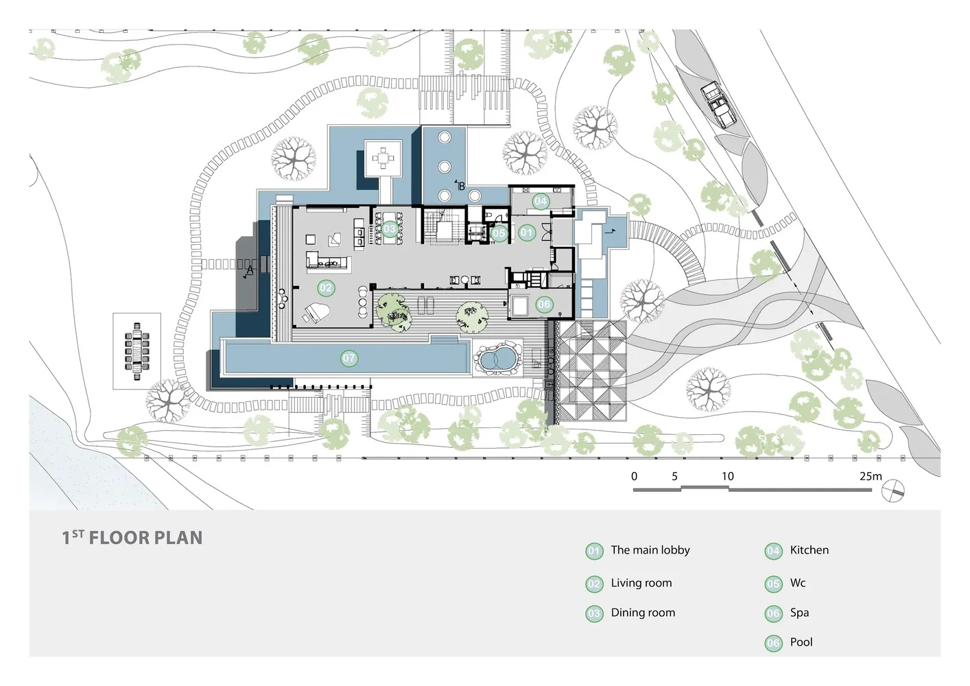 A modern floor plan white image with architectural details.