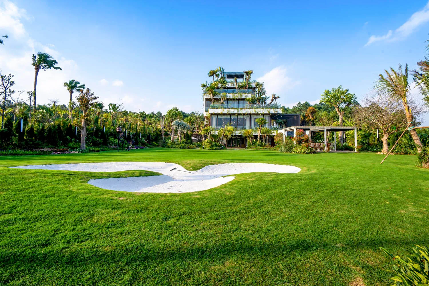 A modern landscaped garden with white sand patches surrounded by lush green grass and palm trees.