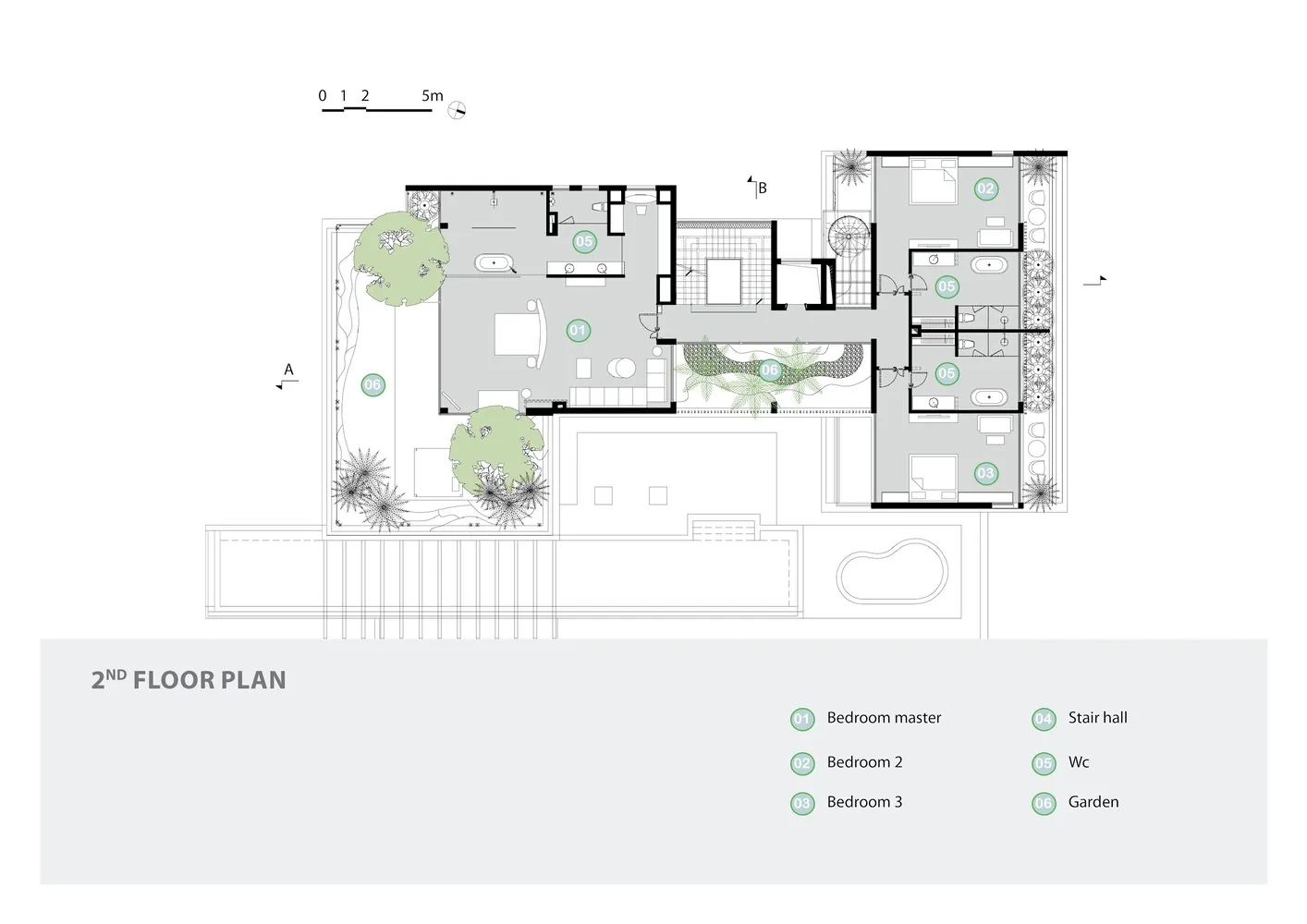 An architectural drawing of a modern residential floor plan with bedrooms, bathrooms, and a garden.