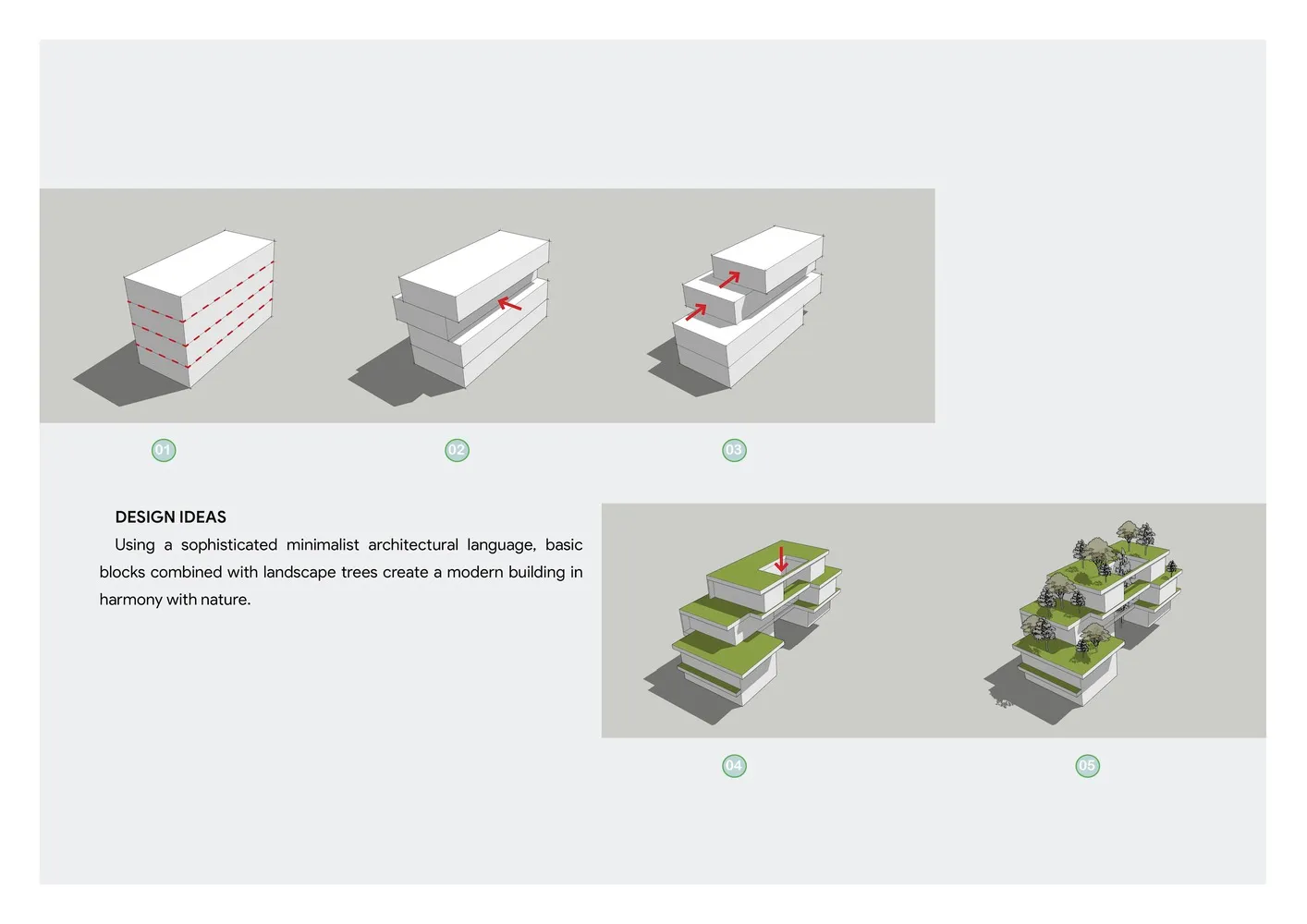 A series of modular architectural designs stacked and layered to create a modern building.