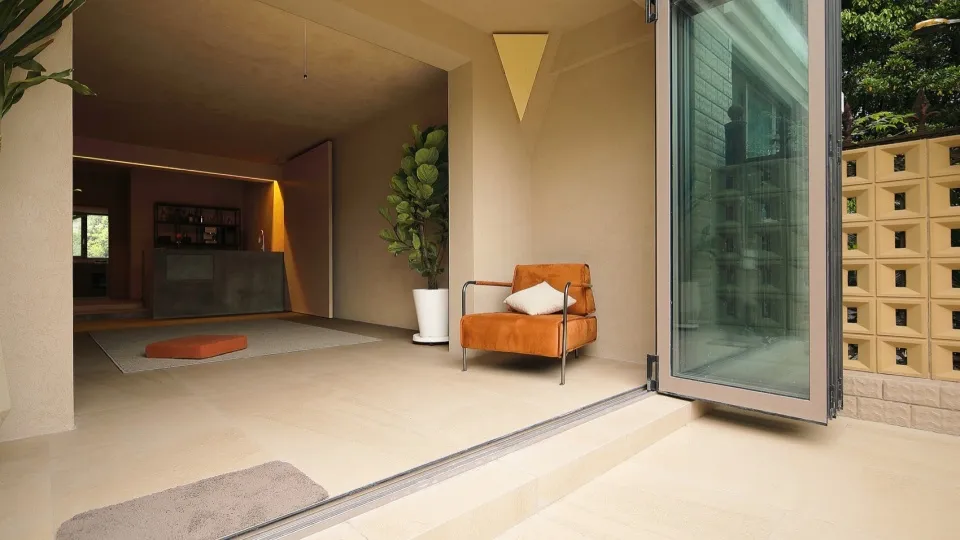Modern room with glass walls and minimalistic decor
