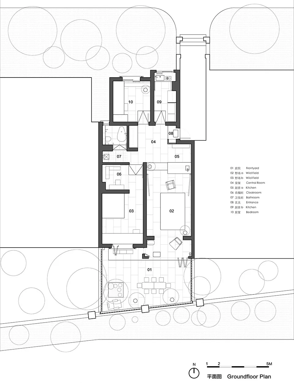 Modern residential floor plan with tiles and circular patterns